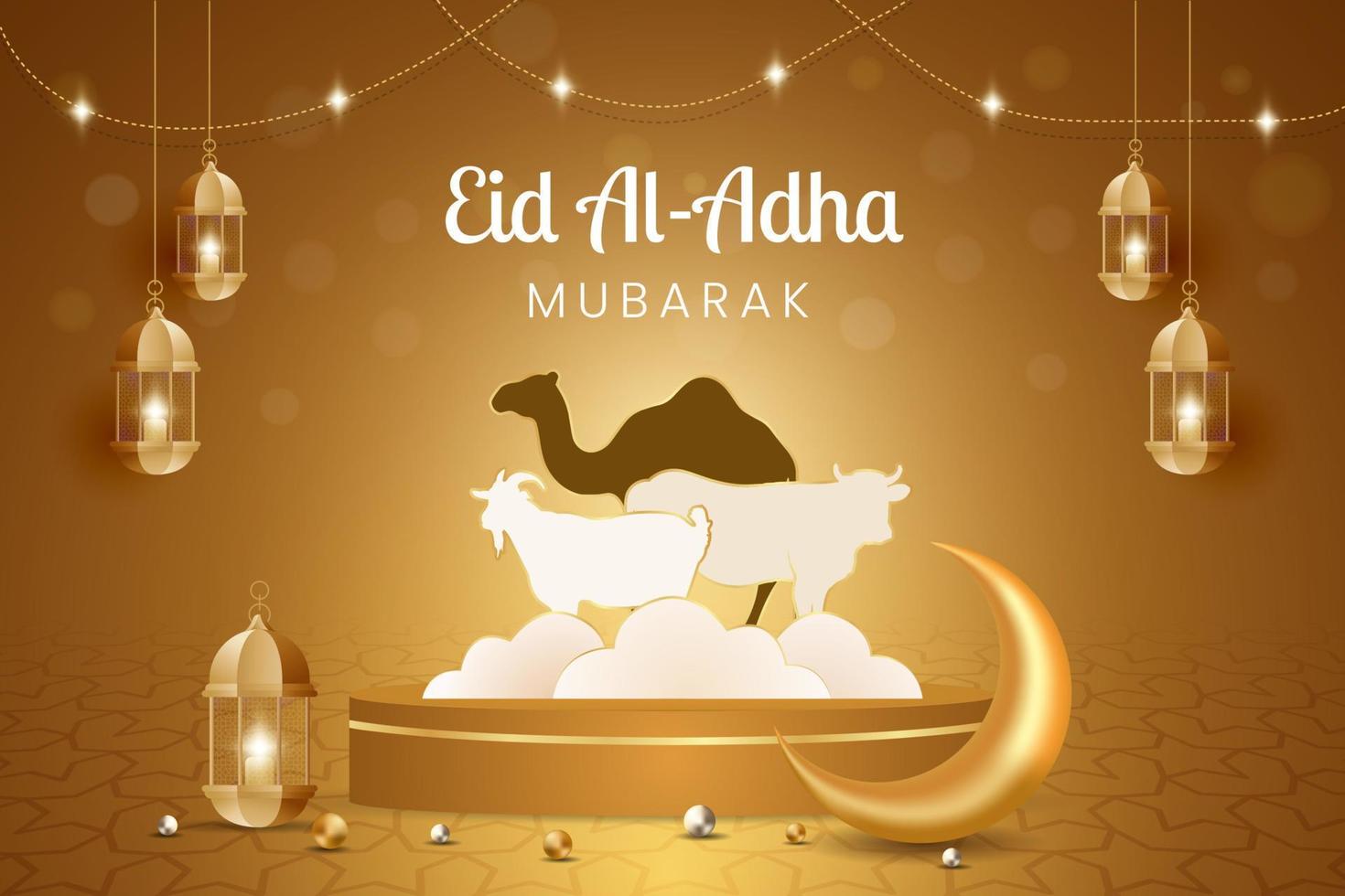 Eid al Adha Mubarak celebration with camel cow and goat illustration banner design vector