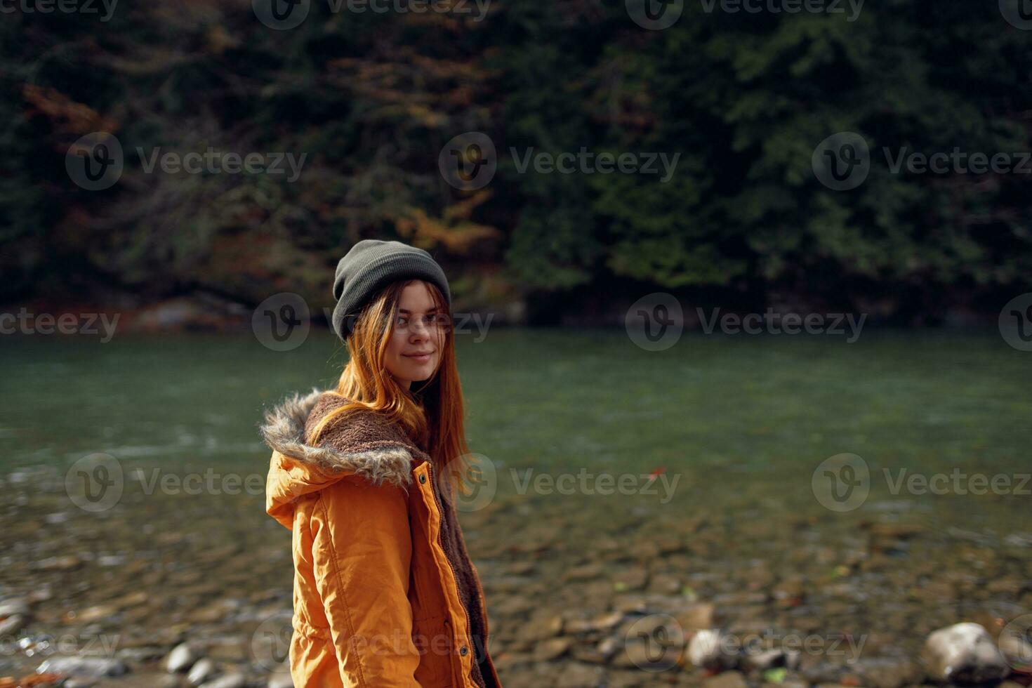 woman hiker nature landscape mountains travel river photo