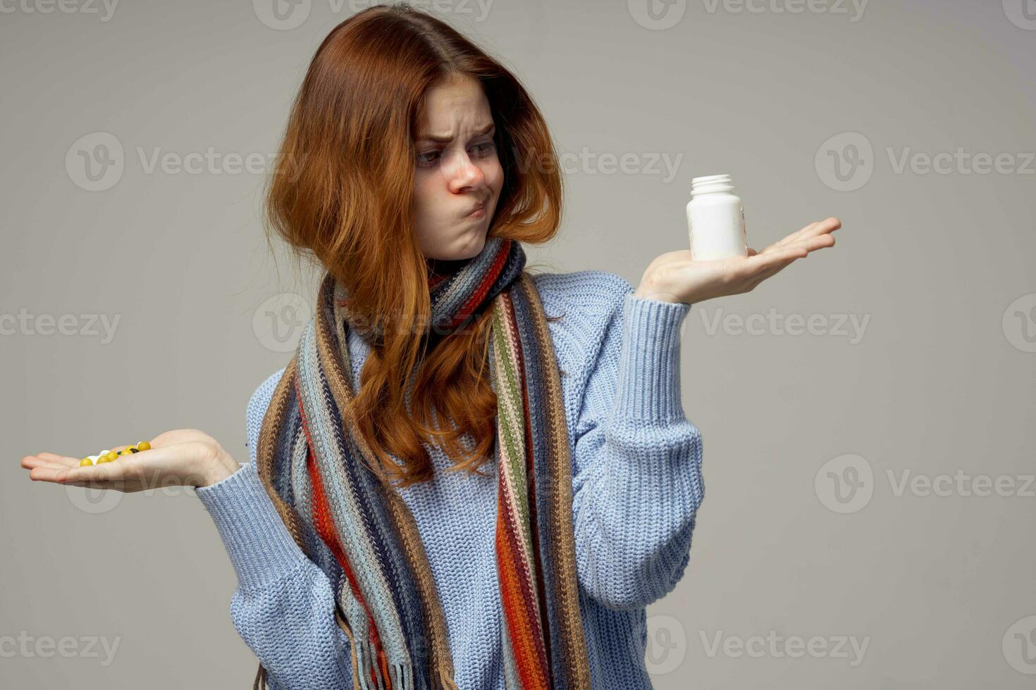 red-haired woman health problems temperature isolated background photo