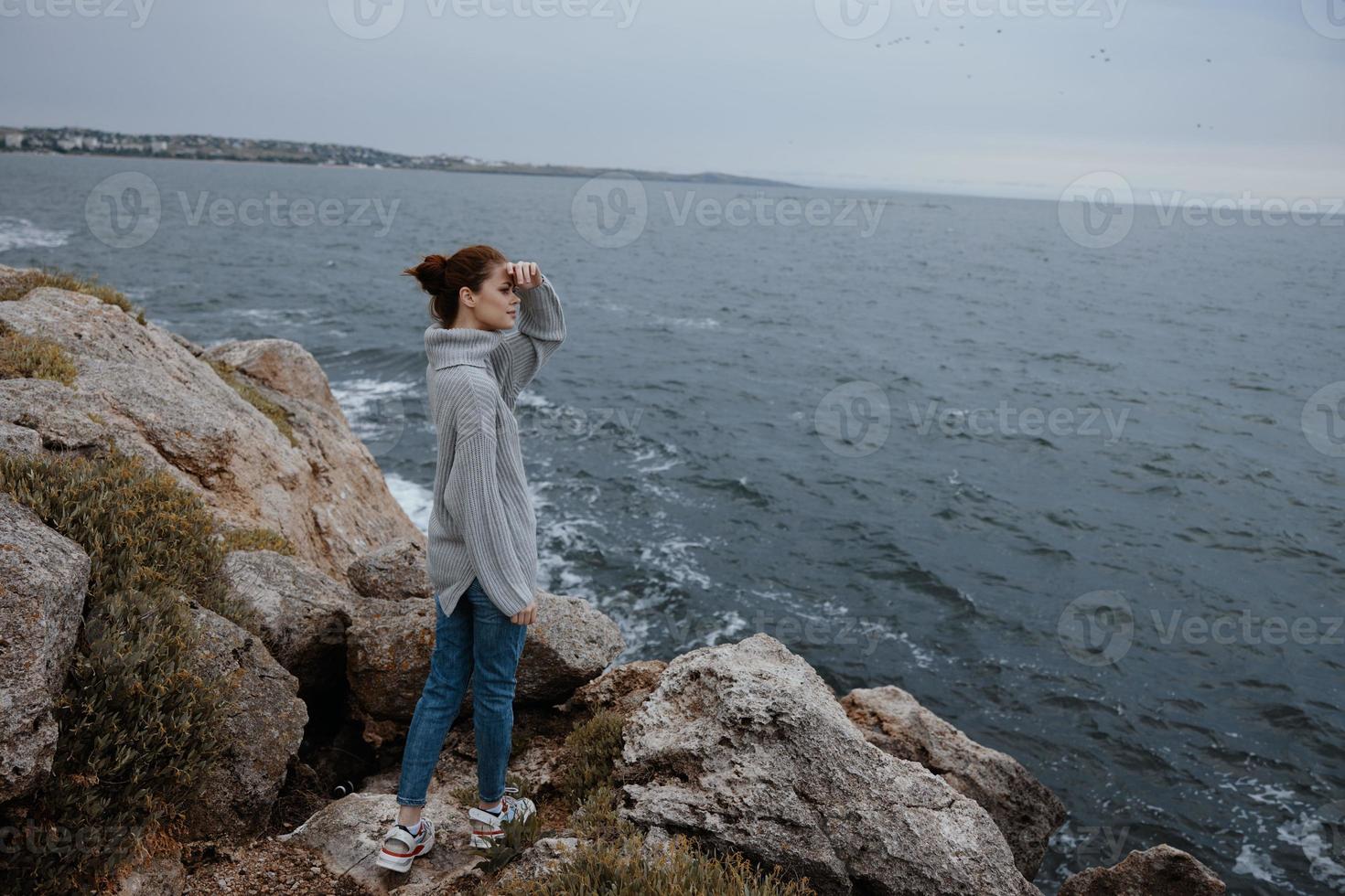 beautiful woman nature rocks coast landscape Ocean Lifestyle photo