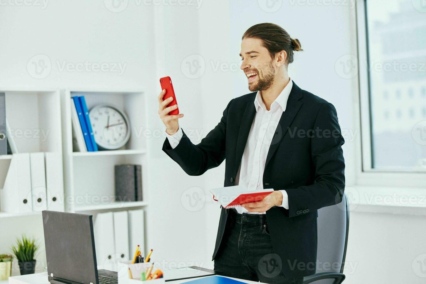 businessmen at the desk documents communication by phone technology photo