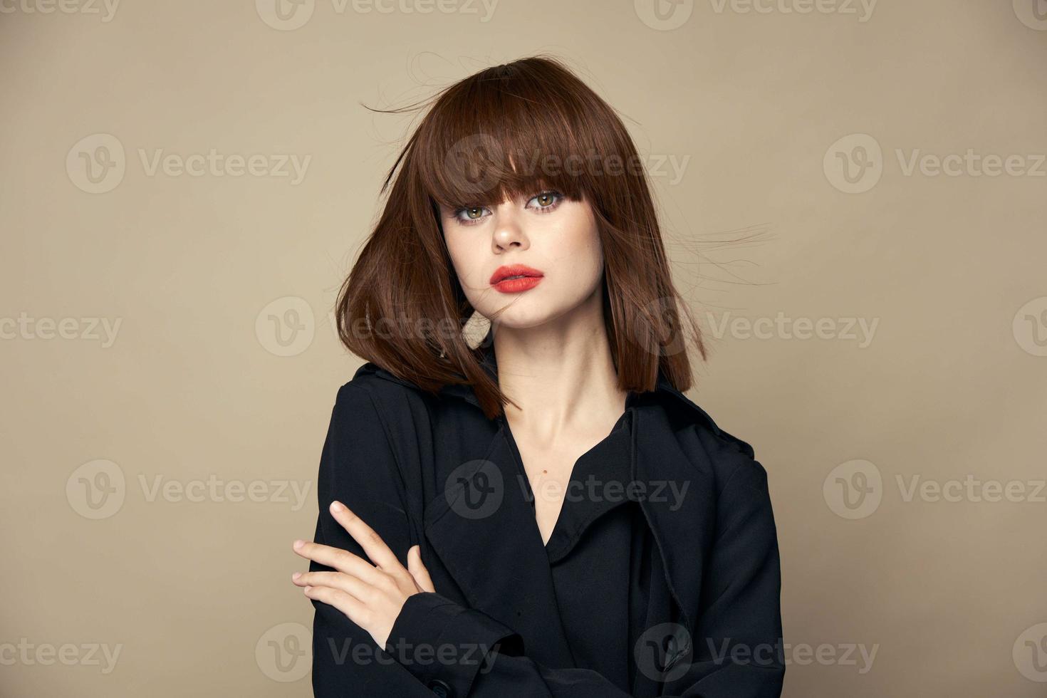 Smiling brunette fashionable clothes attractive appearance laughing photo