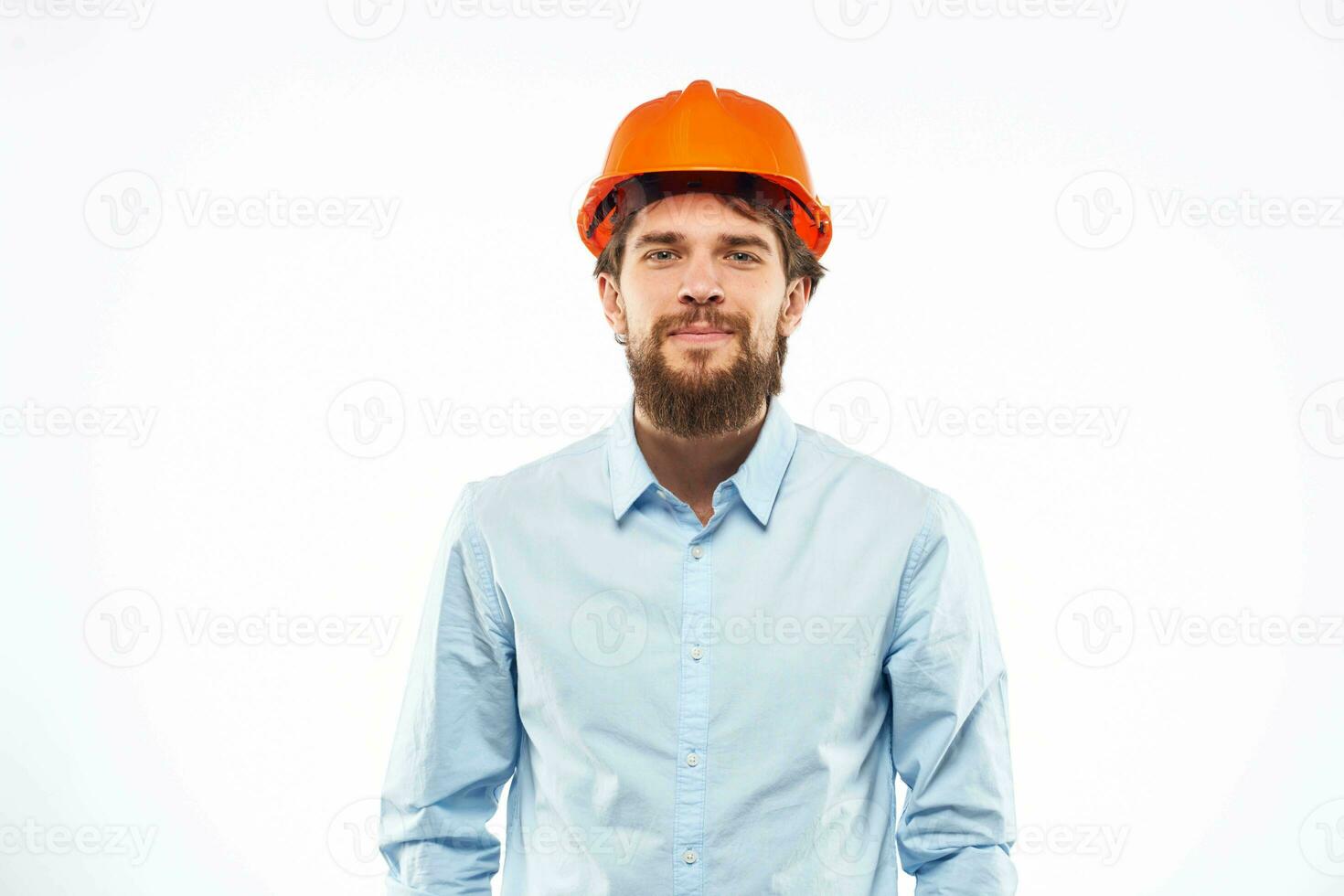 Man in working uniform orange hard hat lifestyle official photo