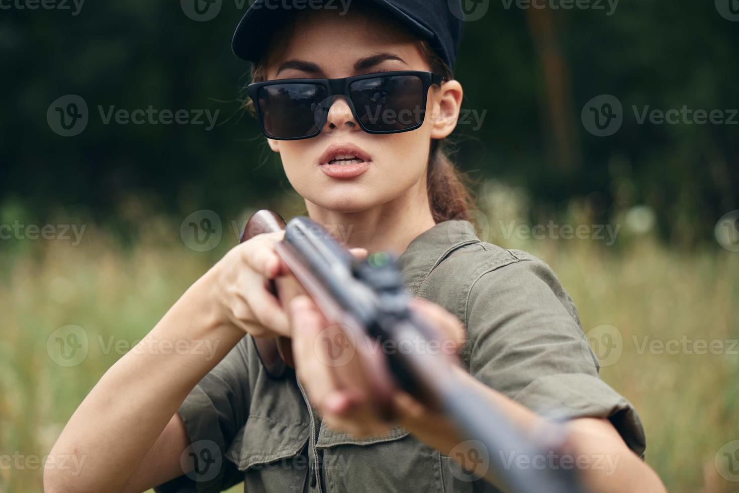 Military woman Shotgun hunting sunglasses weapons photo