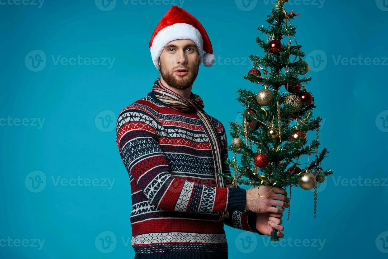 emotional man in a christmas white mockup poster blue background photo