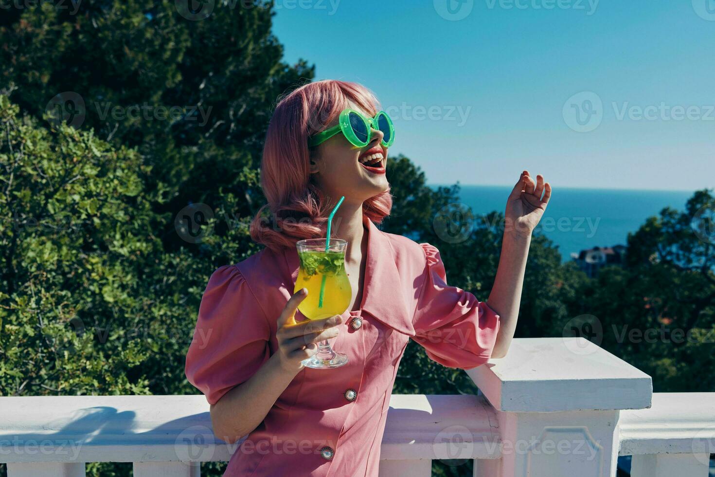 Delighted young girl outdoor landscape leisure restaurant Happy female relaxing photo