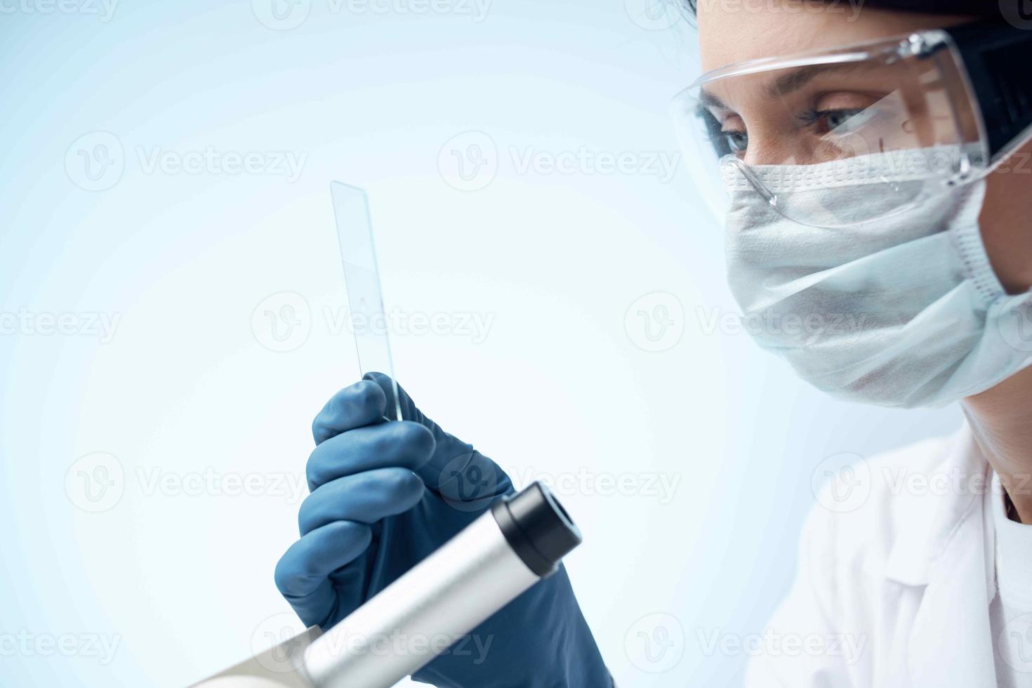 woman white coat laboratory microscope professional testing photo