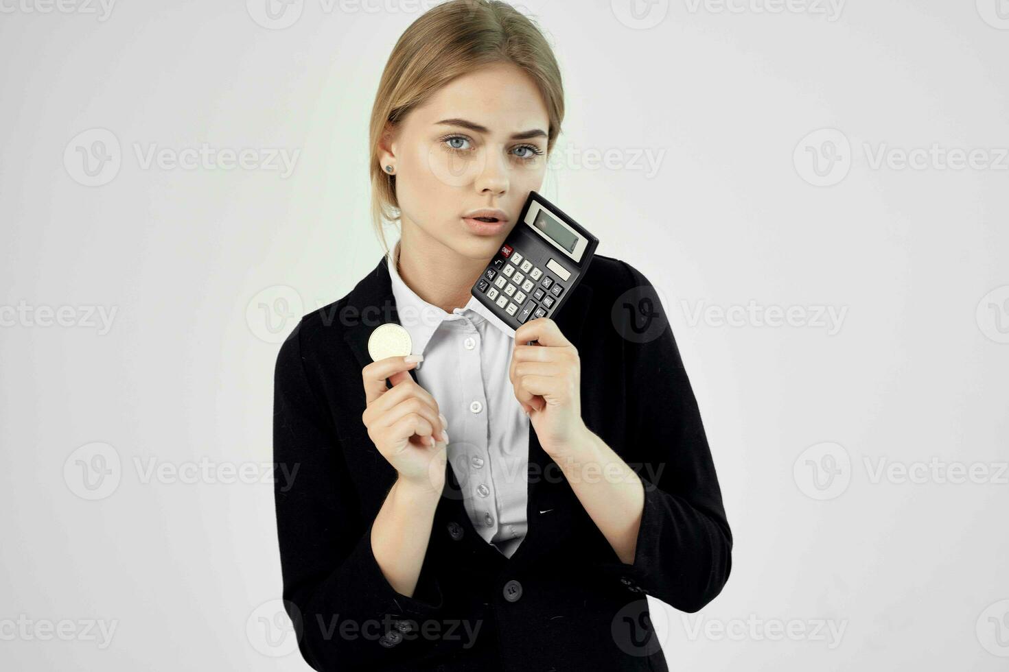 Businesswoman virtual money economy isolated background photo