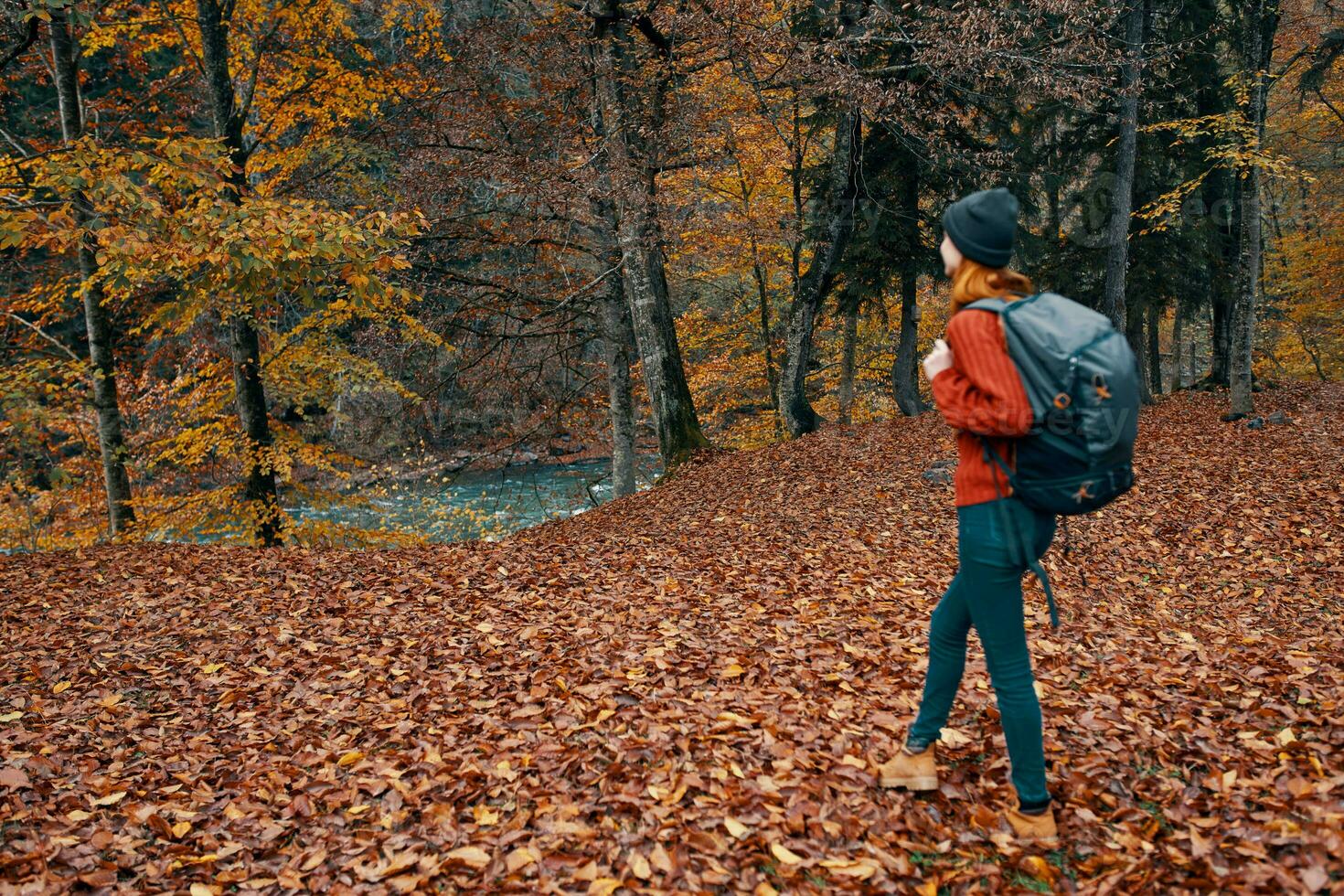 mujer caminante caminando en el otoño bosque viaje Fresco aire foto