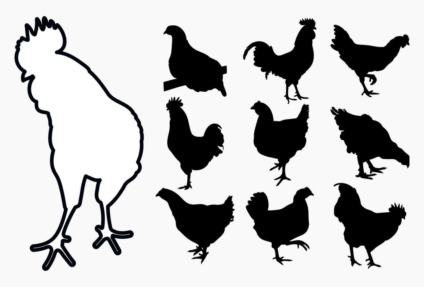 poner gallo, gallo, gallo, pollo, gallina, pollito, posición de pie, siluetas de aves de corral dibujadas a mano, vector aislado