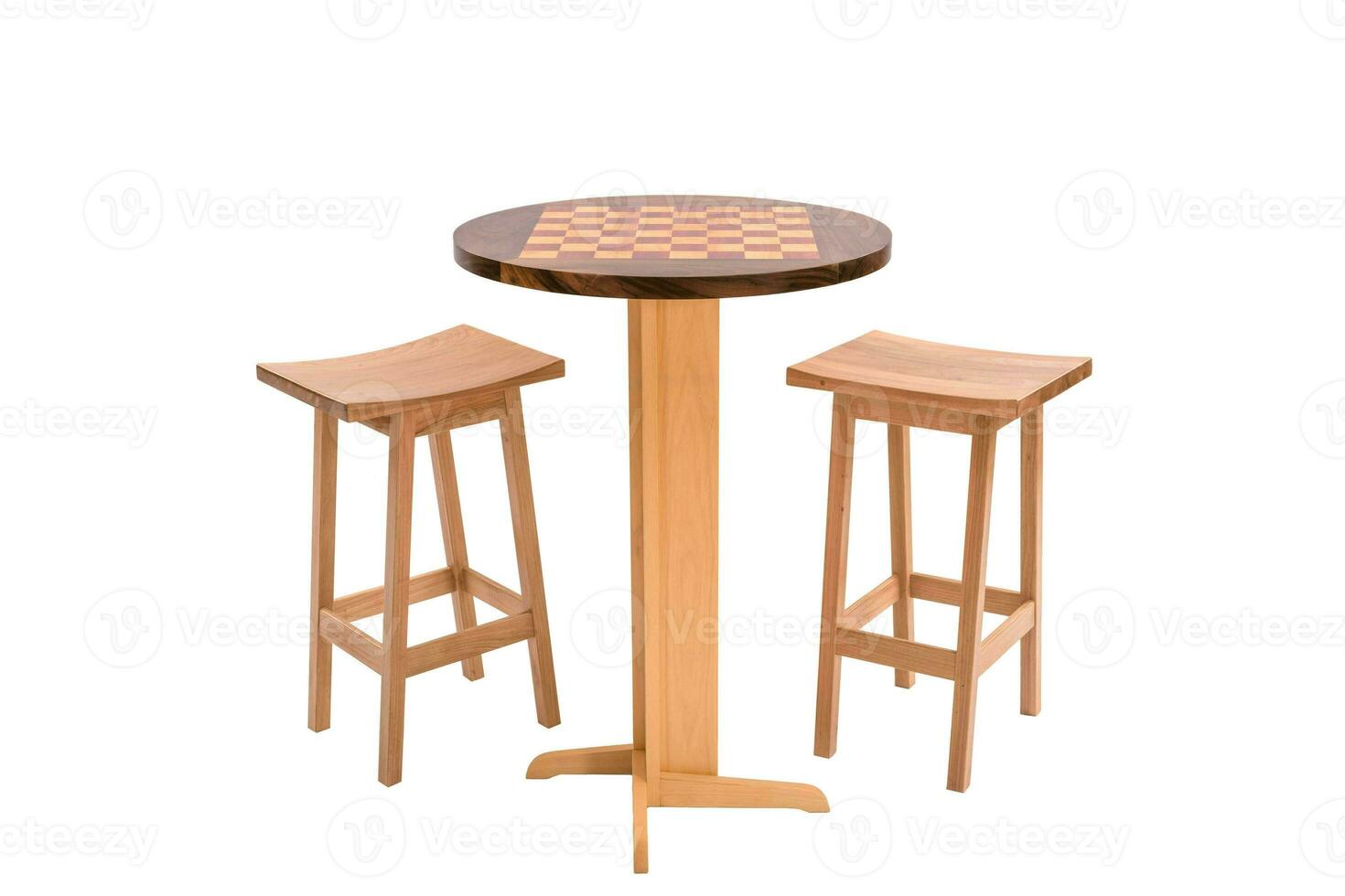 Outdoor wooden dining table with two stools photo