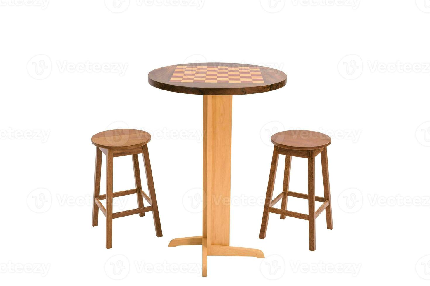 Outdoor wooden dining table with two stools photo