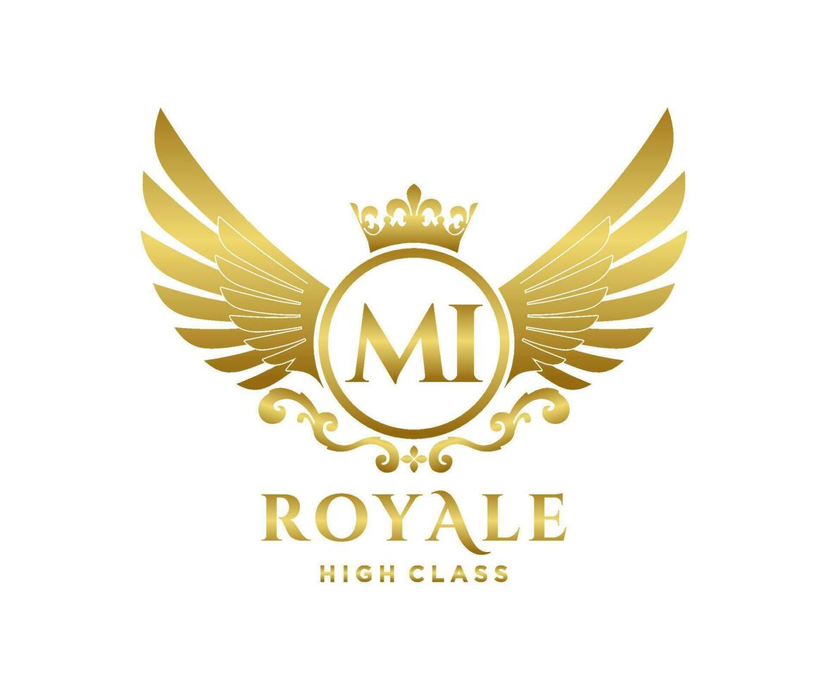 Golden Letter MI template logo Luxury gold letter with crown. Monogram alphabet . Beautiful royal initials letter. vector