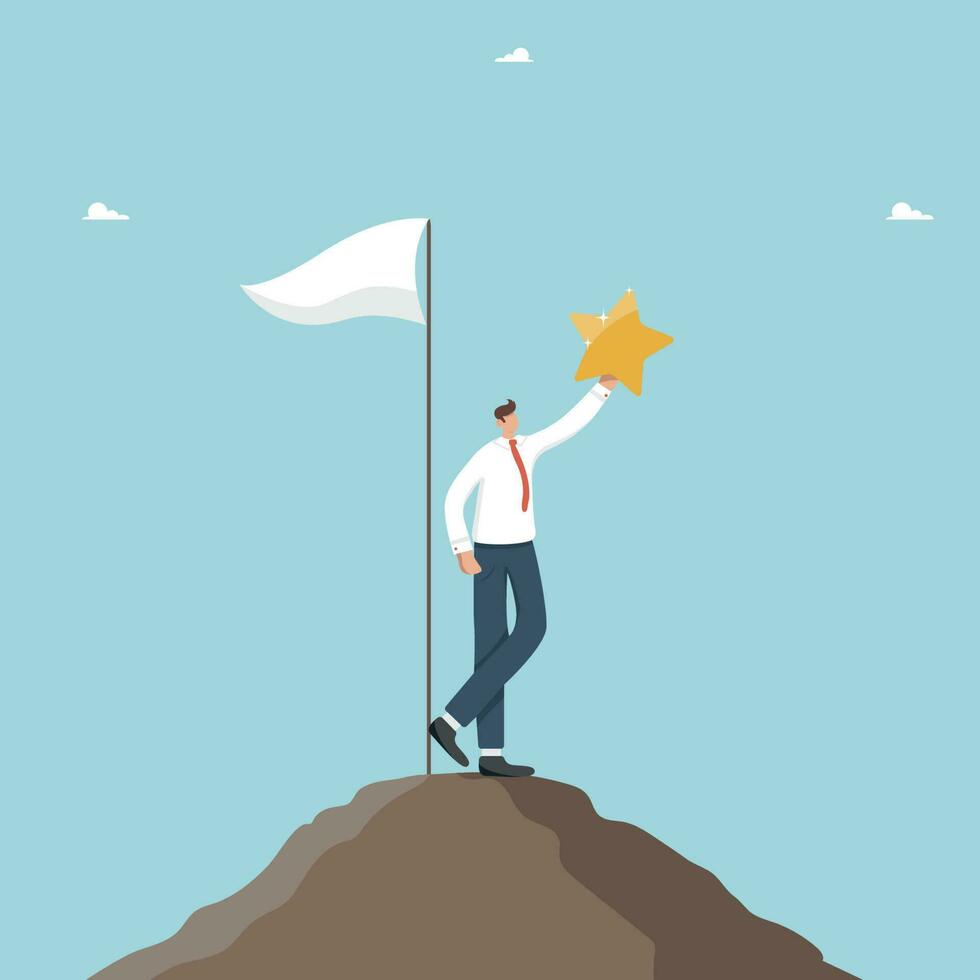 Victory and triumph in business, achieving a high position or career growth, reaching the top and overcoming difficulties, looking for new opportunities, a man stands on top of a mountain with a star. vector