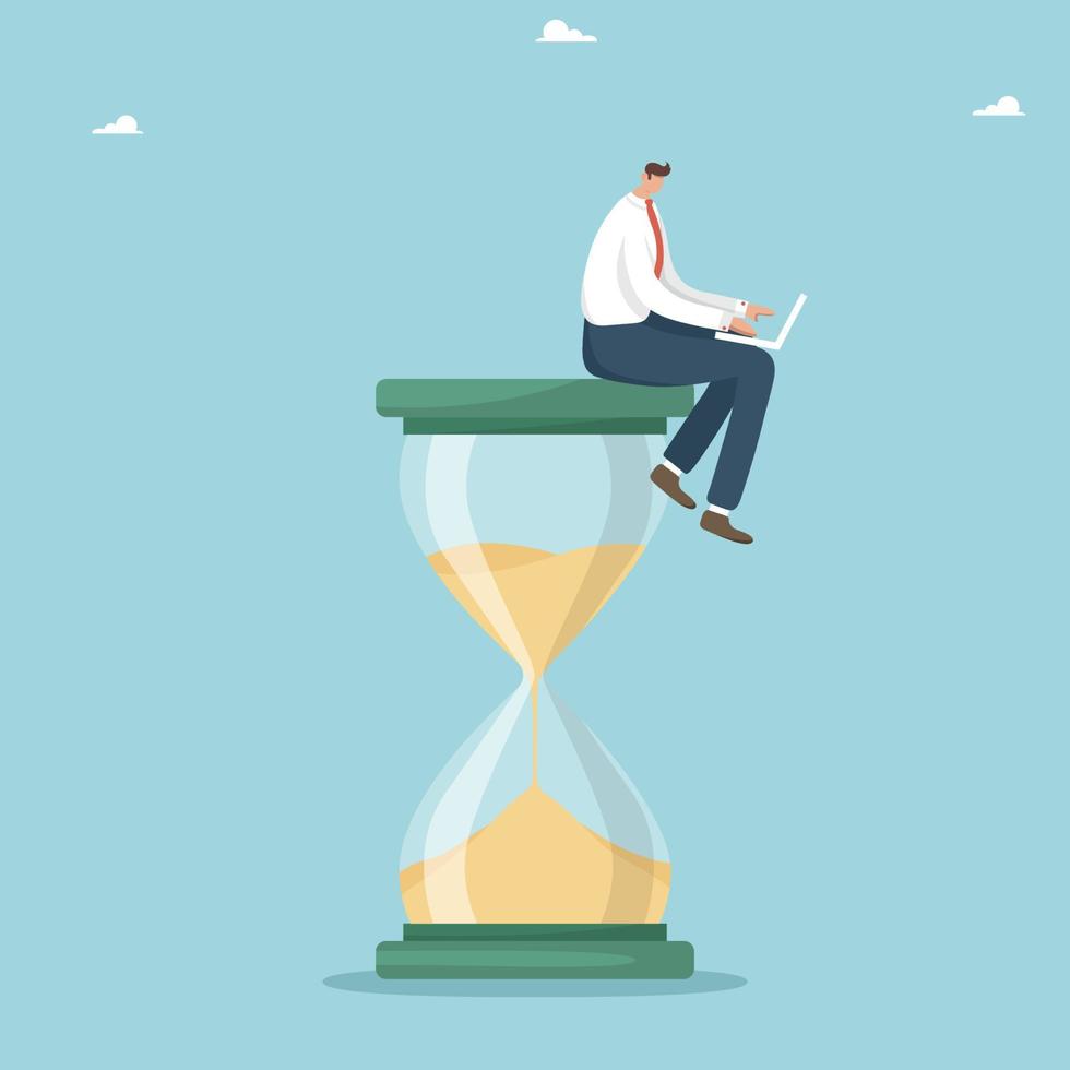 Employee output per unit of working time, limited deadlines for project completion, business and work schedule planning, multitasking, time management, a man with a laptop sits on an hourglass. vector