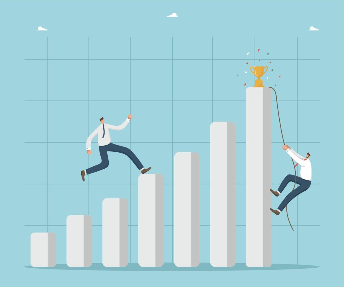 Winning a business by any means, find a strategy to complete a task or mission and get a prize or bonus, moving up the career ladder, growth and development paths, two businessmen climbing the chart. vector