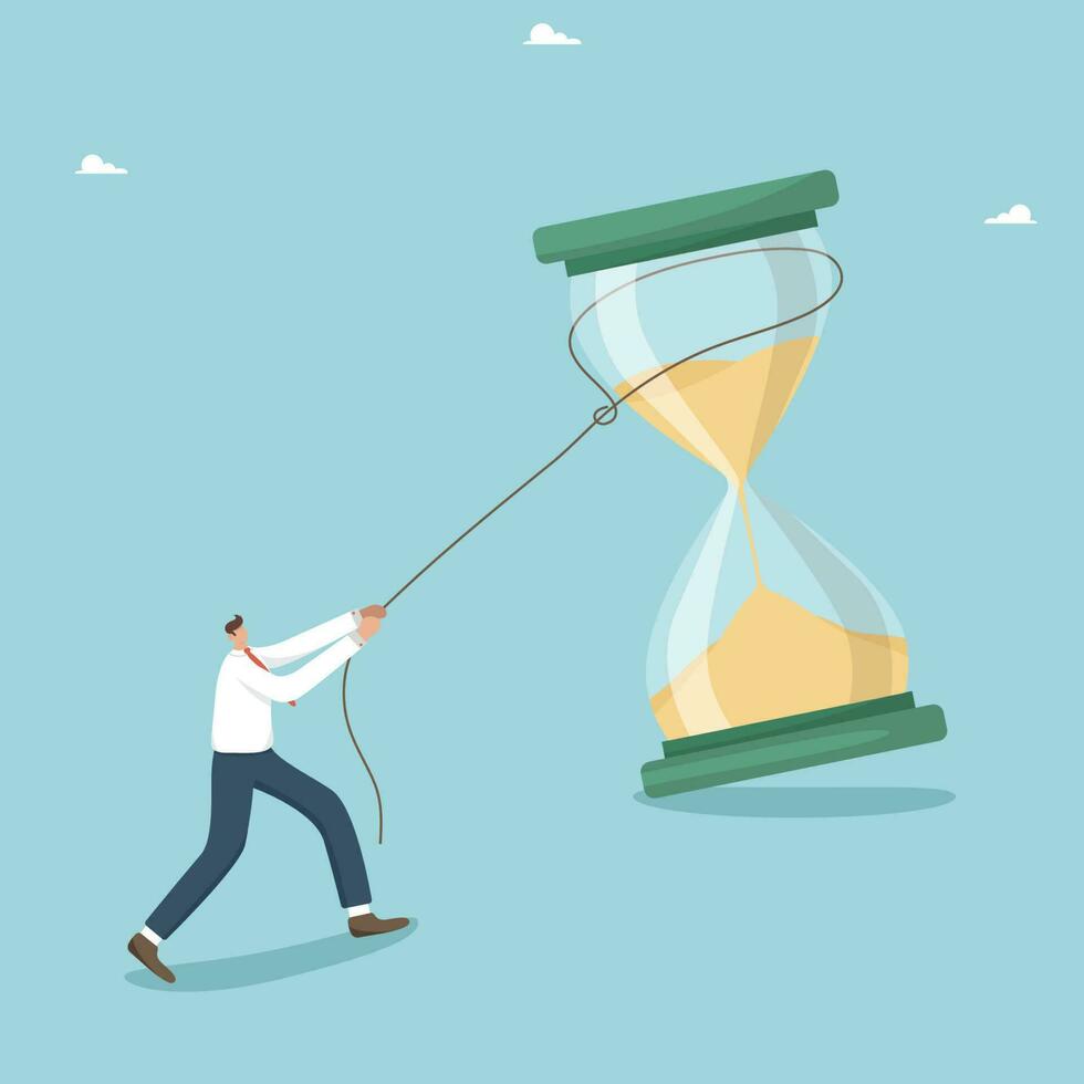 Time management and business planning, employee performance over a period of time, urgent work, meet project deadlines, multitasking, time is money, man knocking down an big hourglass. vector