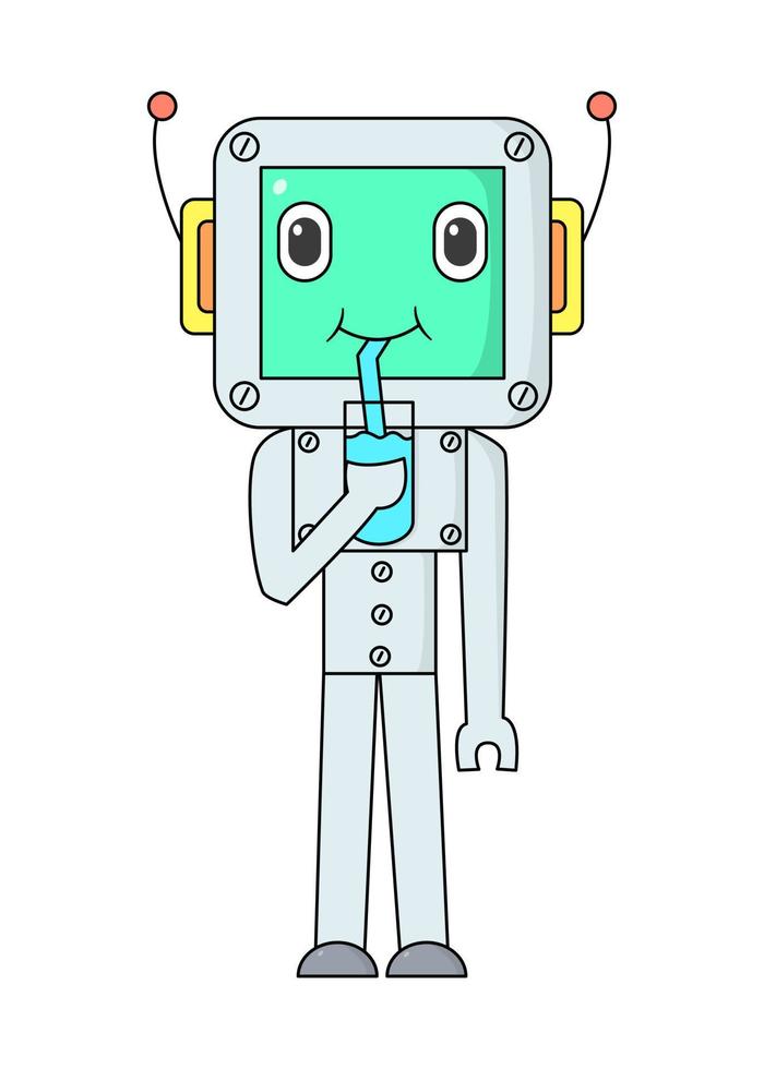 kawaii robot drinking vector design illustration, suitable for children's color book