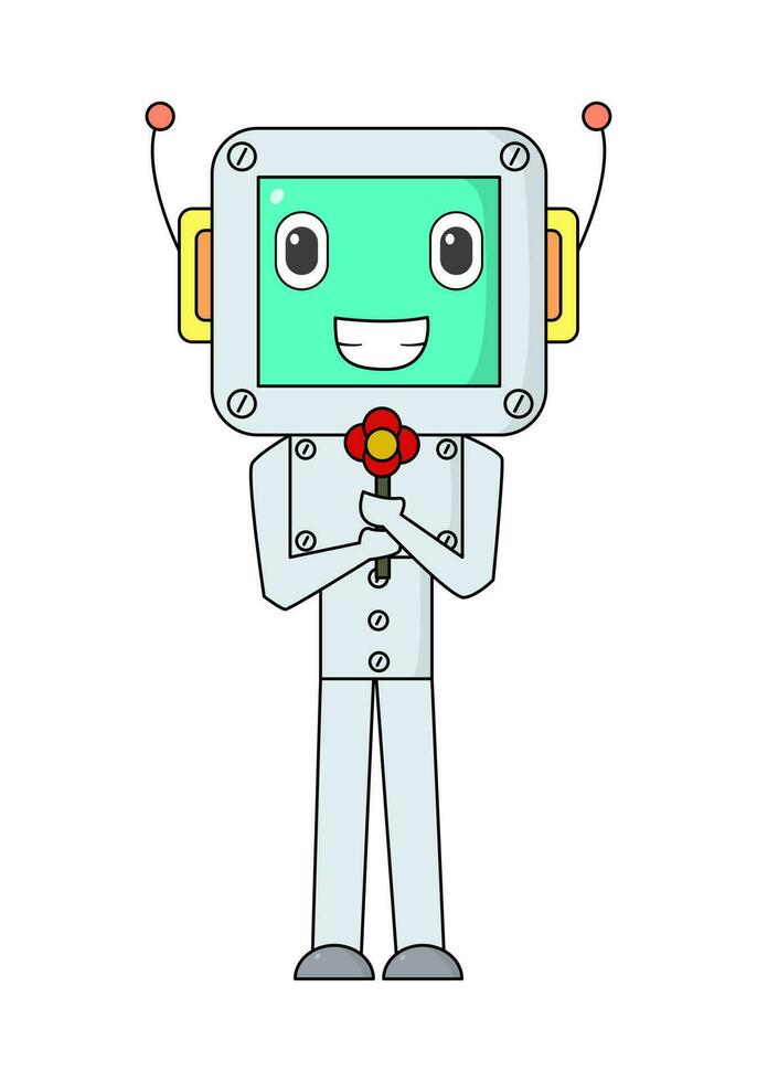 vector illustration design of a kawaii robot holding a flower, perfect for a child's coloring book