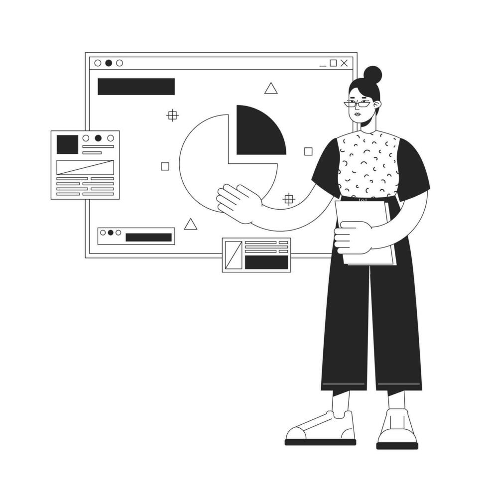 Planning manager black and white concept vector spot illustration. Editable 2D flat monochrome cartoon character for web design. Project tracking, scheduling line art idea for website, mobile, blog