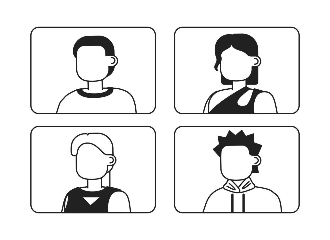 Online video meeting with employees monochrome flat vector icons set. Editable full sized black and white elements. Simple thin line art spot illustrations pack for web graphic design and animation