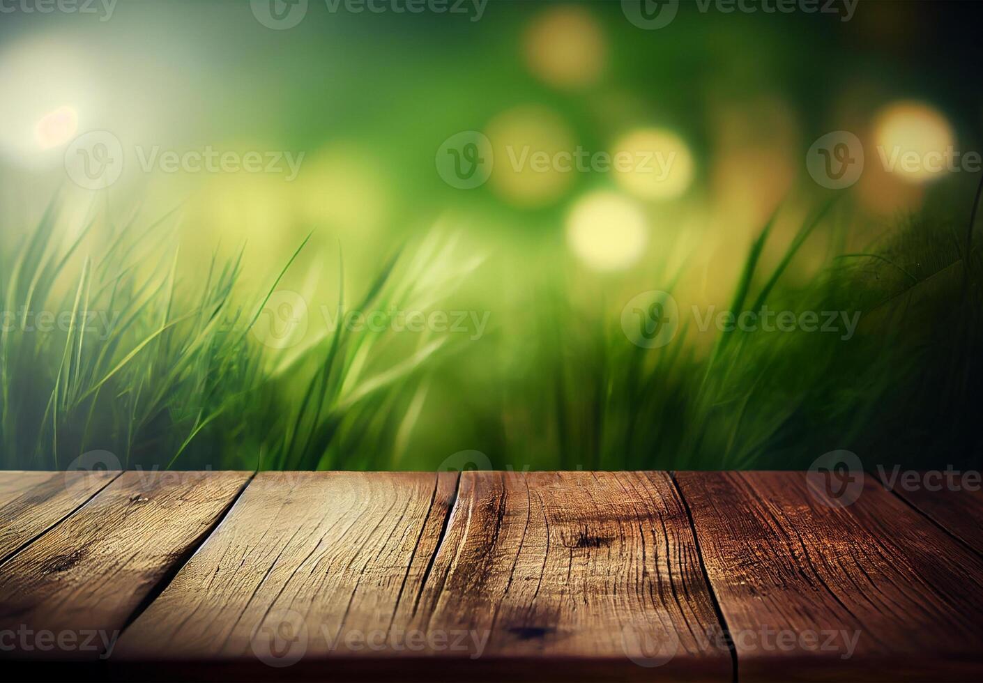Wood table top close up, beautiful texture of green meadow grass, abstract blur natural bokeh - image photo