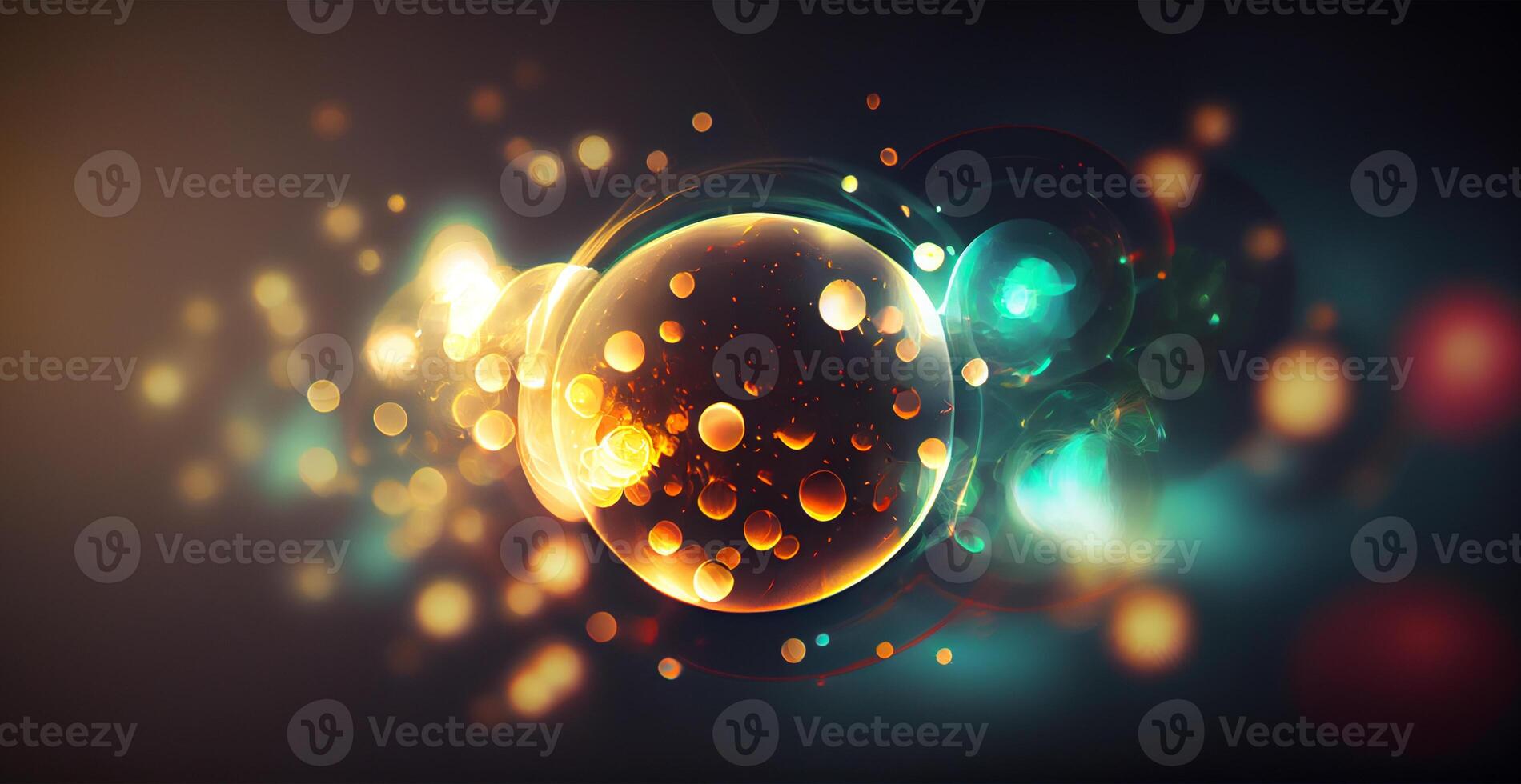 Dark panoramic background, bright yellow bokeh, glowing circles - image photo