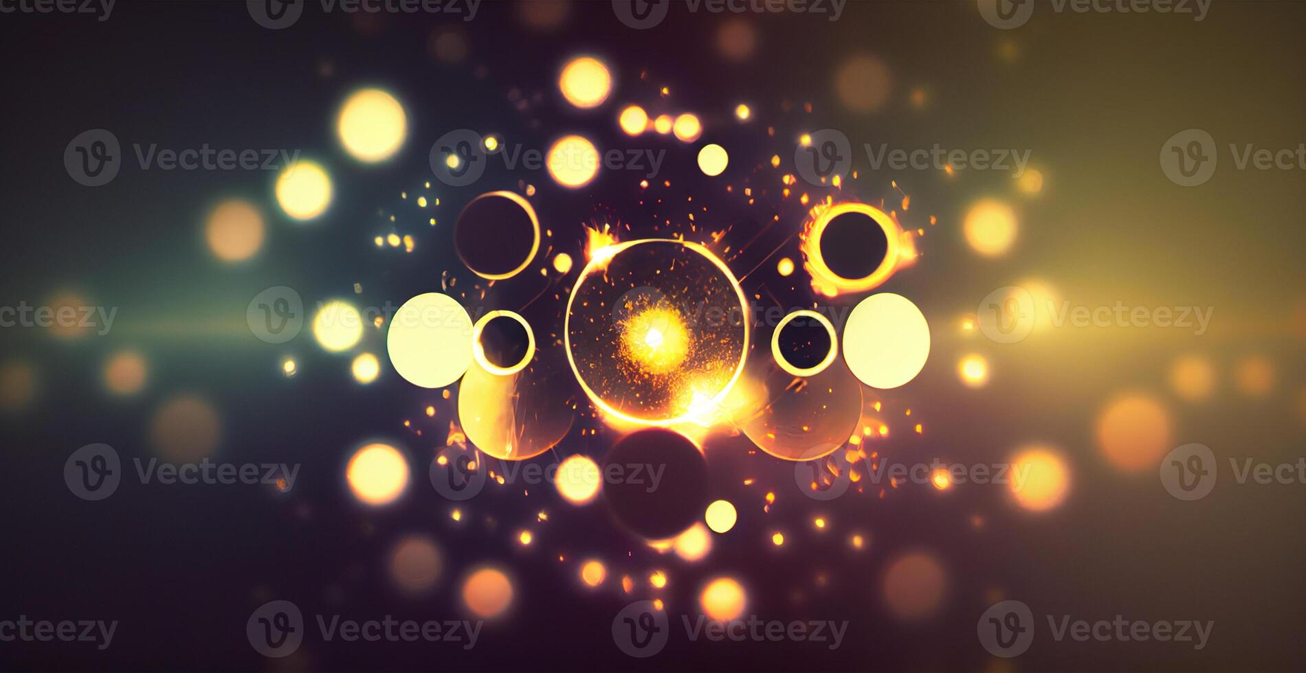 Dark panoramic background, bright yellow bokeh, glowing circles - image photo