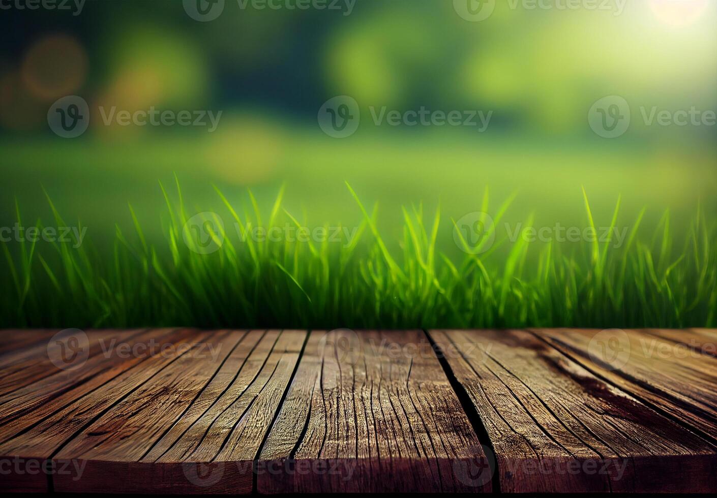 Wood table top close up, beautiful texture of green meadow grass, abstract blur natural bokeh - image photo