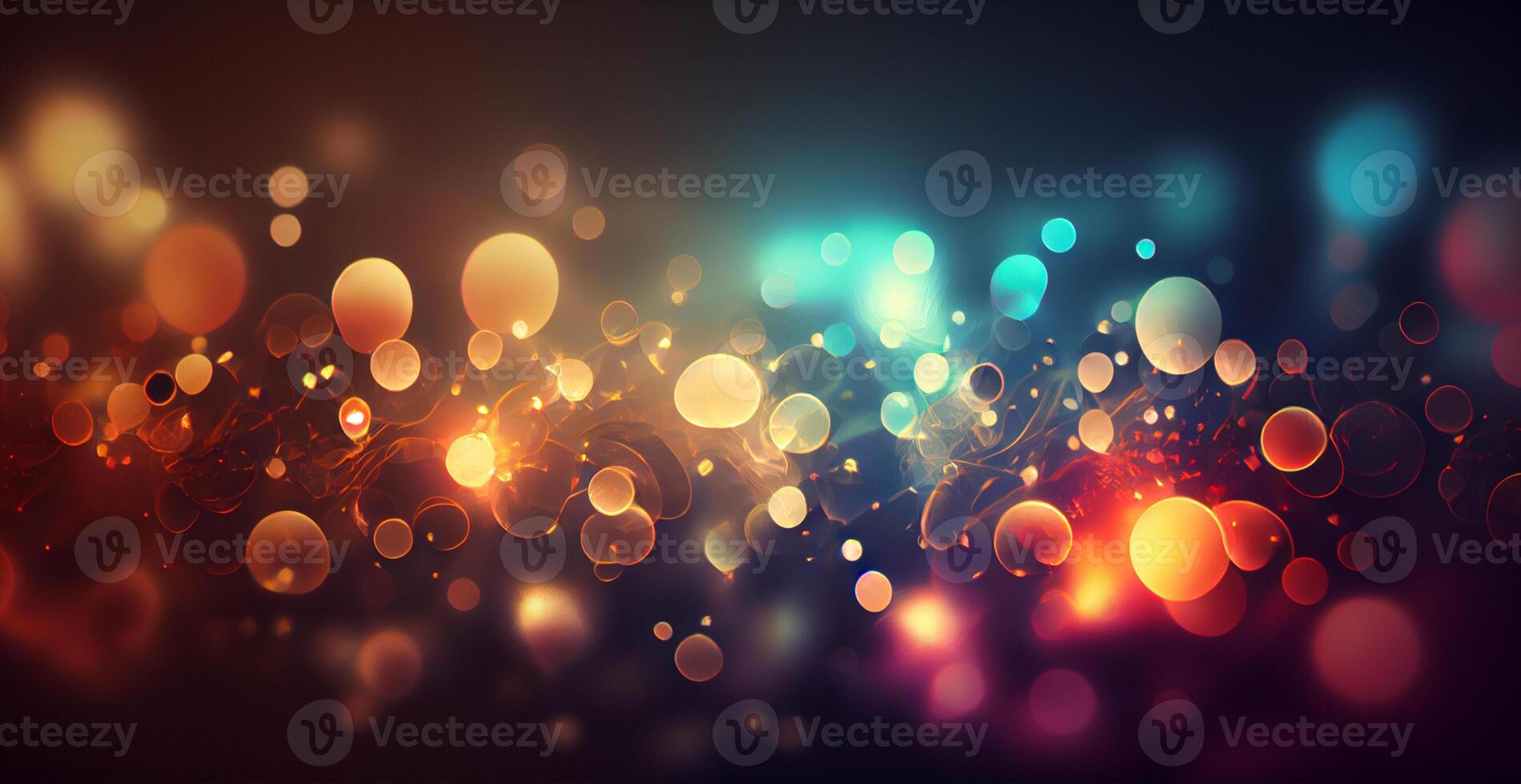 Dark panoramic background, bright yellow bokeh, glowing circles - image photo