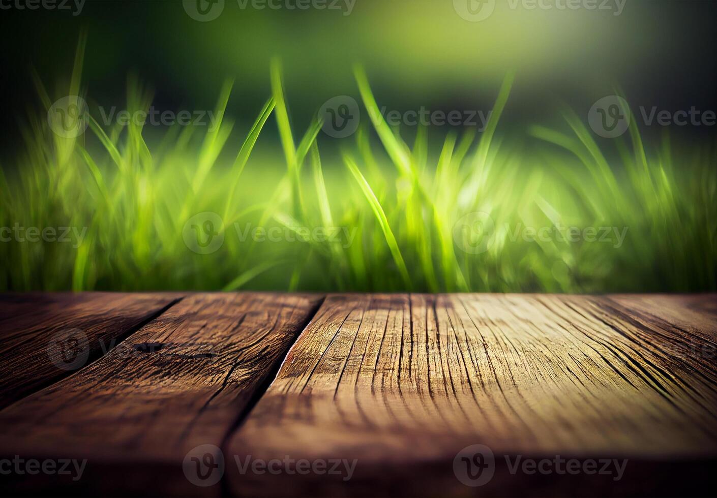 Wood table top close up, beautiful texture of green meadow grass, abstract blur natural bokeh - AI generated image photo