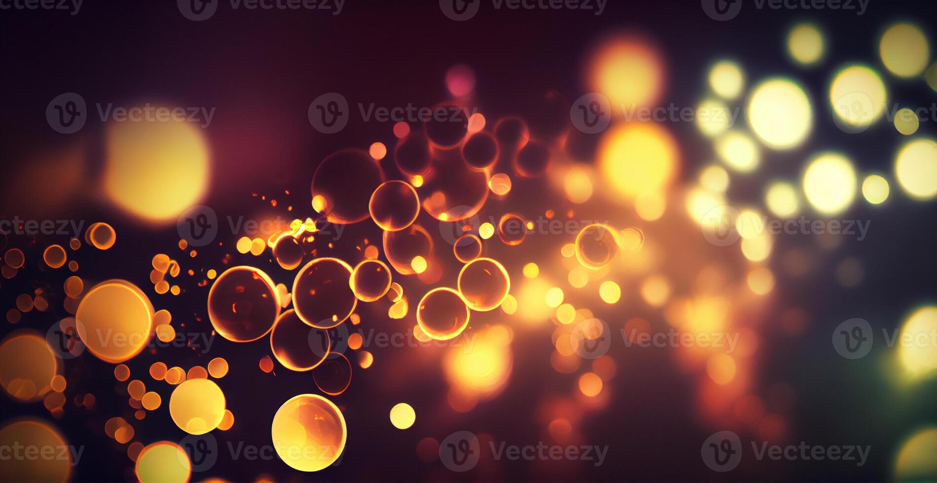 Dark panoramic background, bright yellow bokeh, glowing circles - image photo