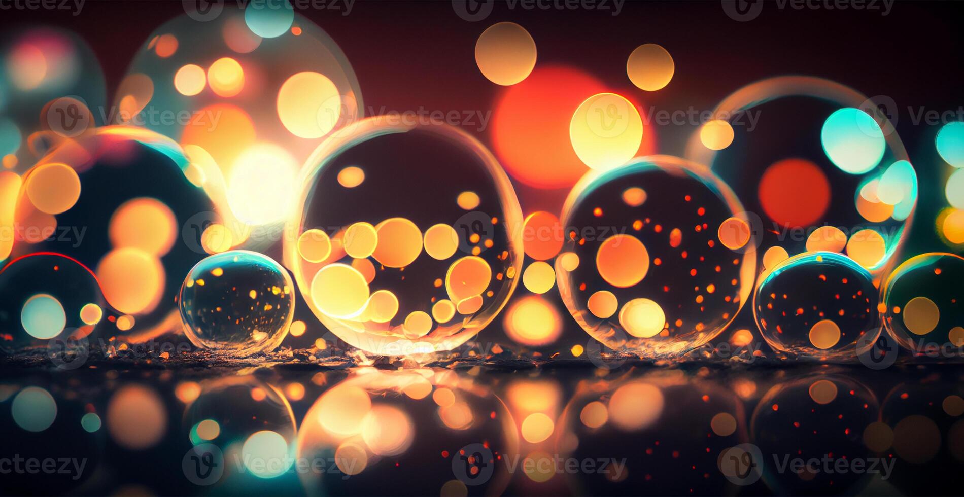 Dark panoramic background, bright yellow bokeh, glowing circles - image photo