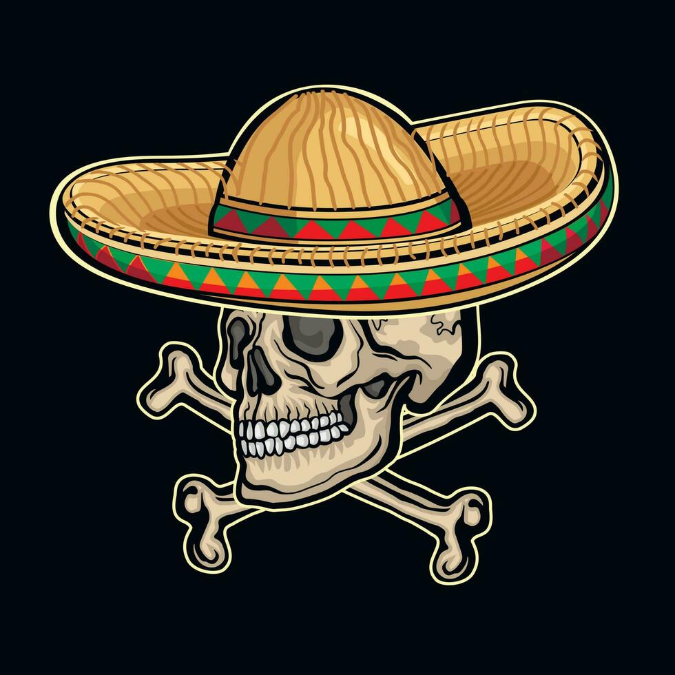 Holy Death, mexican sugar skull in sombrero, grunge vintage design t shirts vector