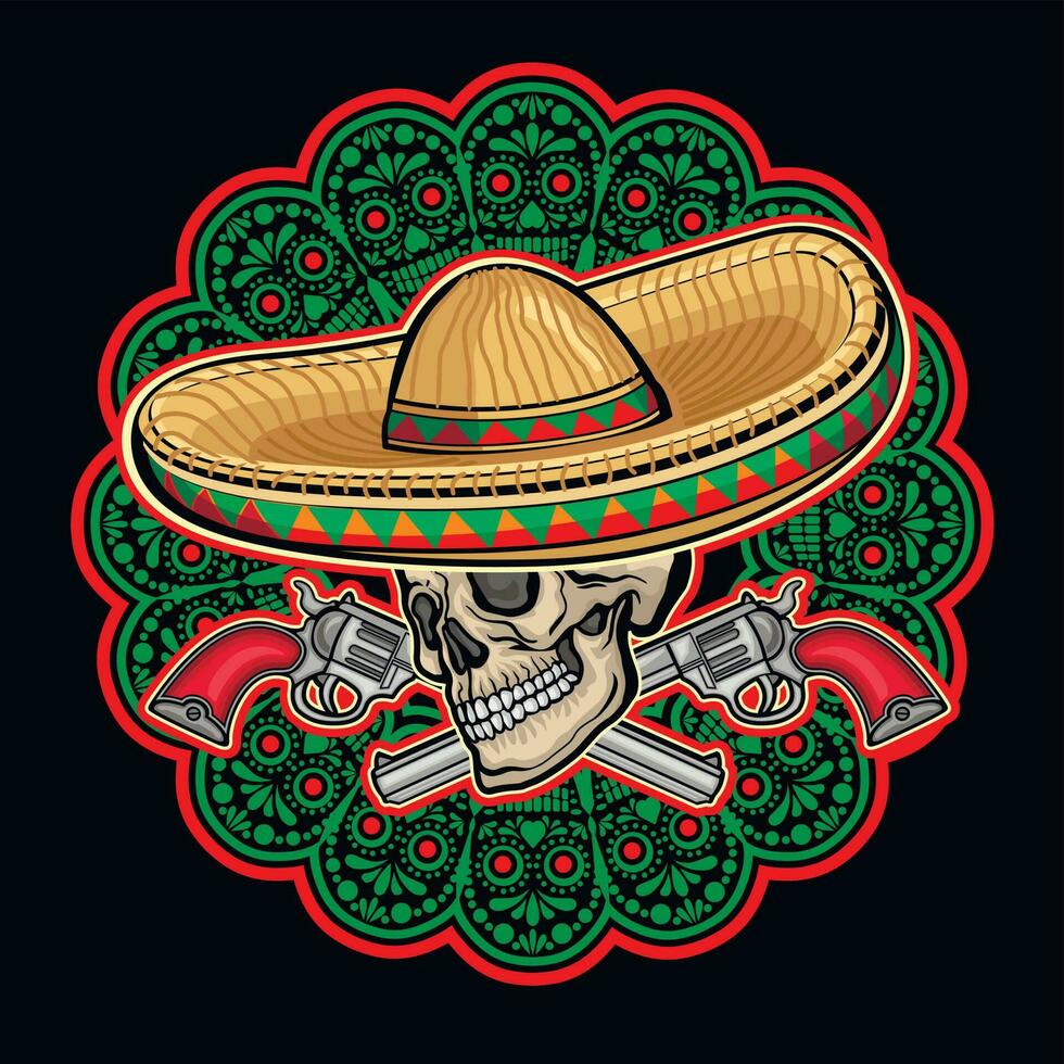 Holy Death, mexican sugar skull in sombrero, grunge vintage design t shirts vector