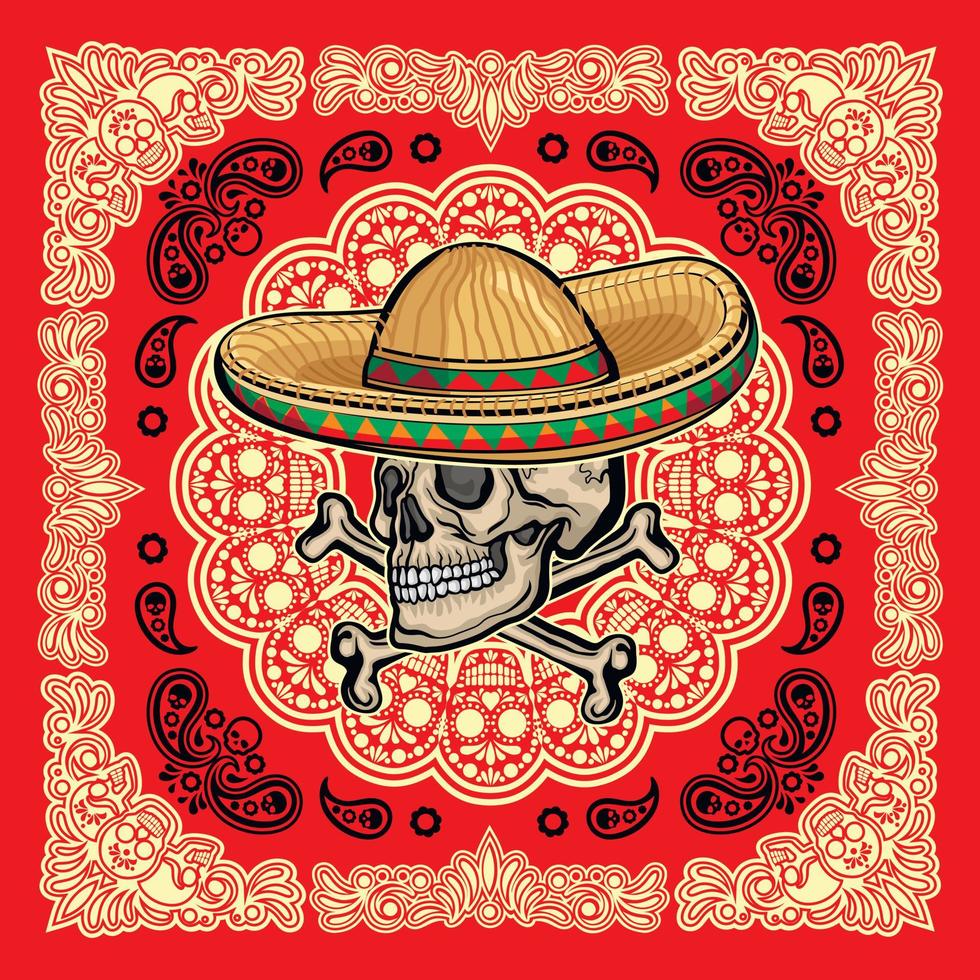 Holy Death, Day of the Dead, mexican sugar skull in sombrero, bandana vector