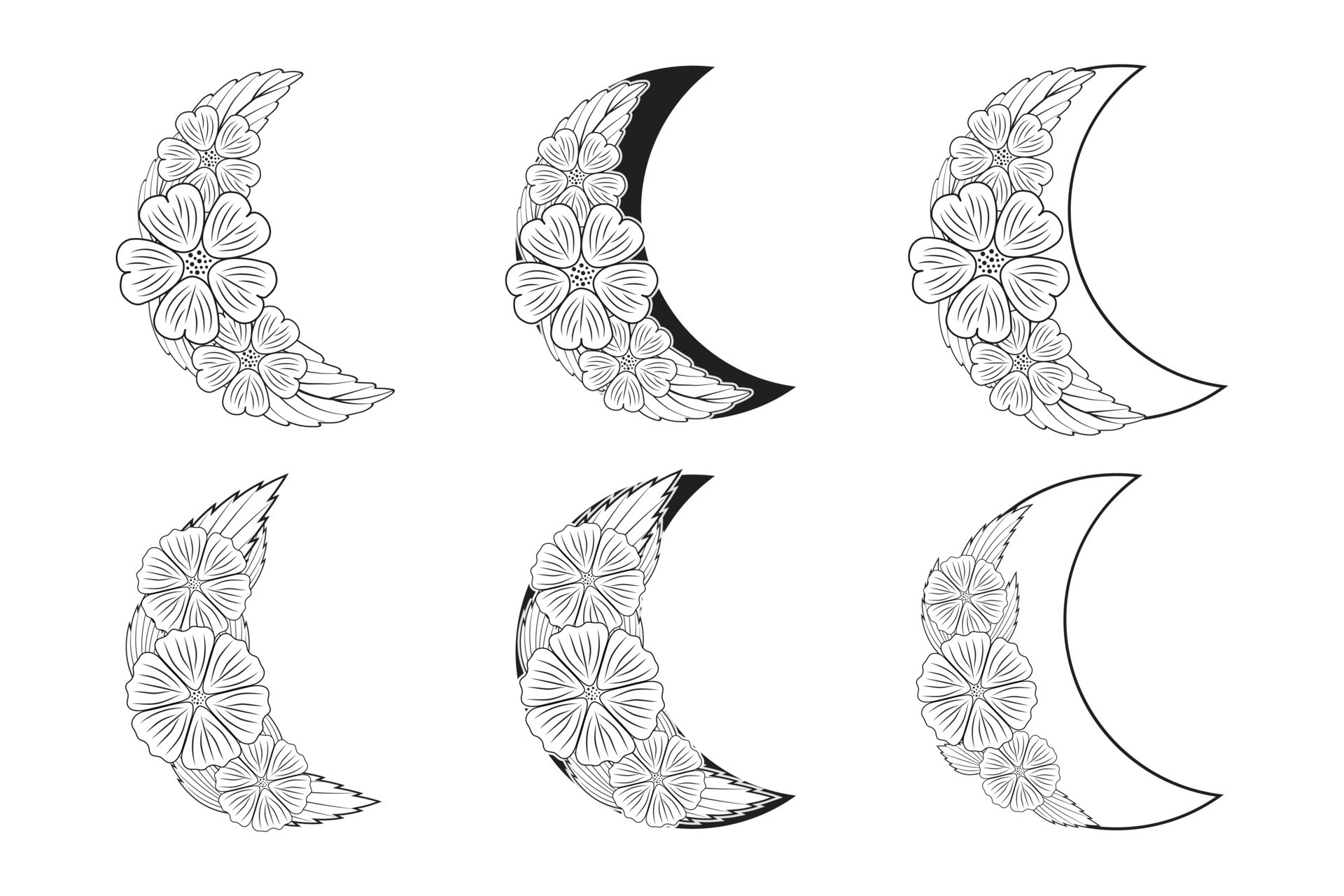 set of Hand drawn doodle Celestial Floral Moon, floral frame Crescent