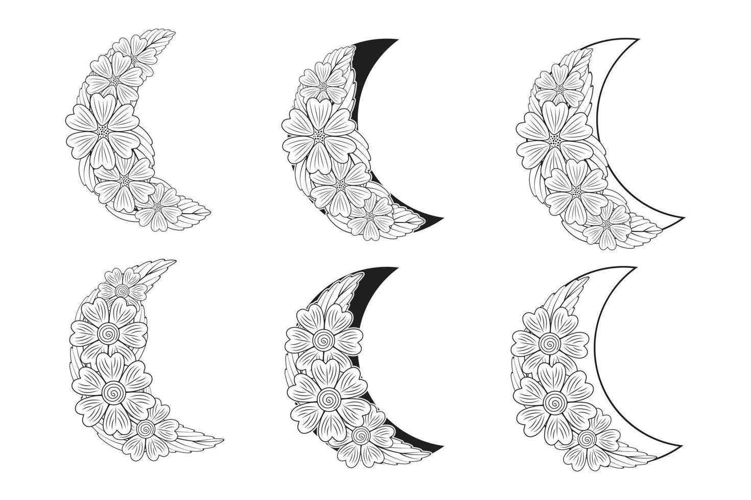 set of Hand drawn doodle Celestial Floral Moon, floral frame Crescent Boho Moon, Lotus Floral magic trendy Moon ,Tattoo design Witchy fantasy, Flowers moon monogram illustration vector background