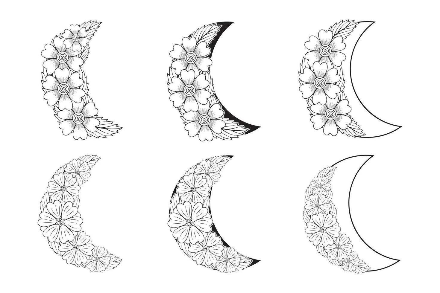 set of Hand drawn doodle Celestial Floral Moon, floral frame Crescent Boho Moon, Lotus Floral magic trendy Moon ,Tattoo design Witchy fantasy, Flowers moon monogram illustration vector background