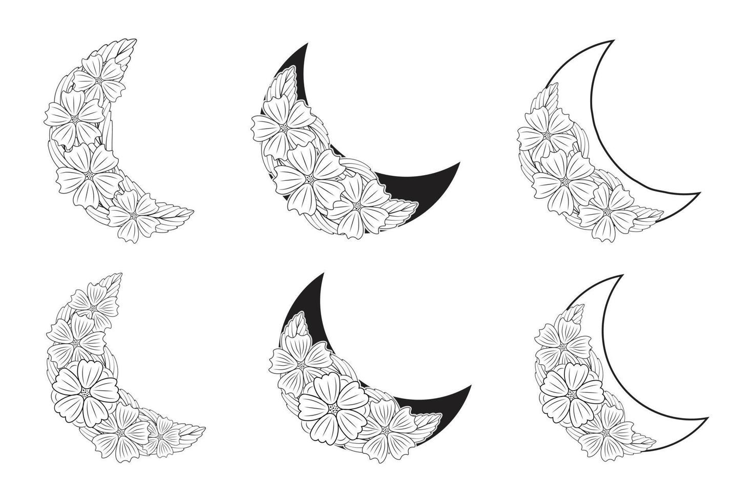 set of Hand drawn doodle Celestial Floral Moon, floral frame Crescent Boho Moon, Lotus Floral magic trendy Moon ,Tattoo design Witchy fantasy, Flowers moon monogram illustration vector background