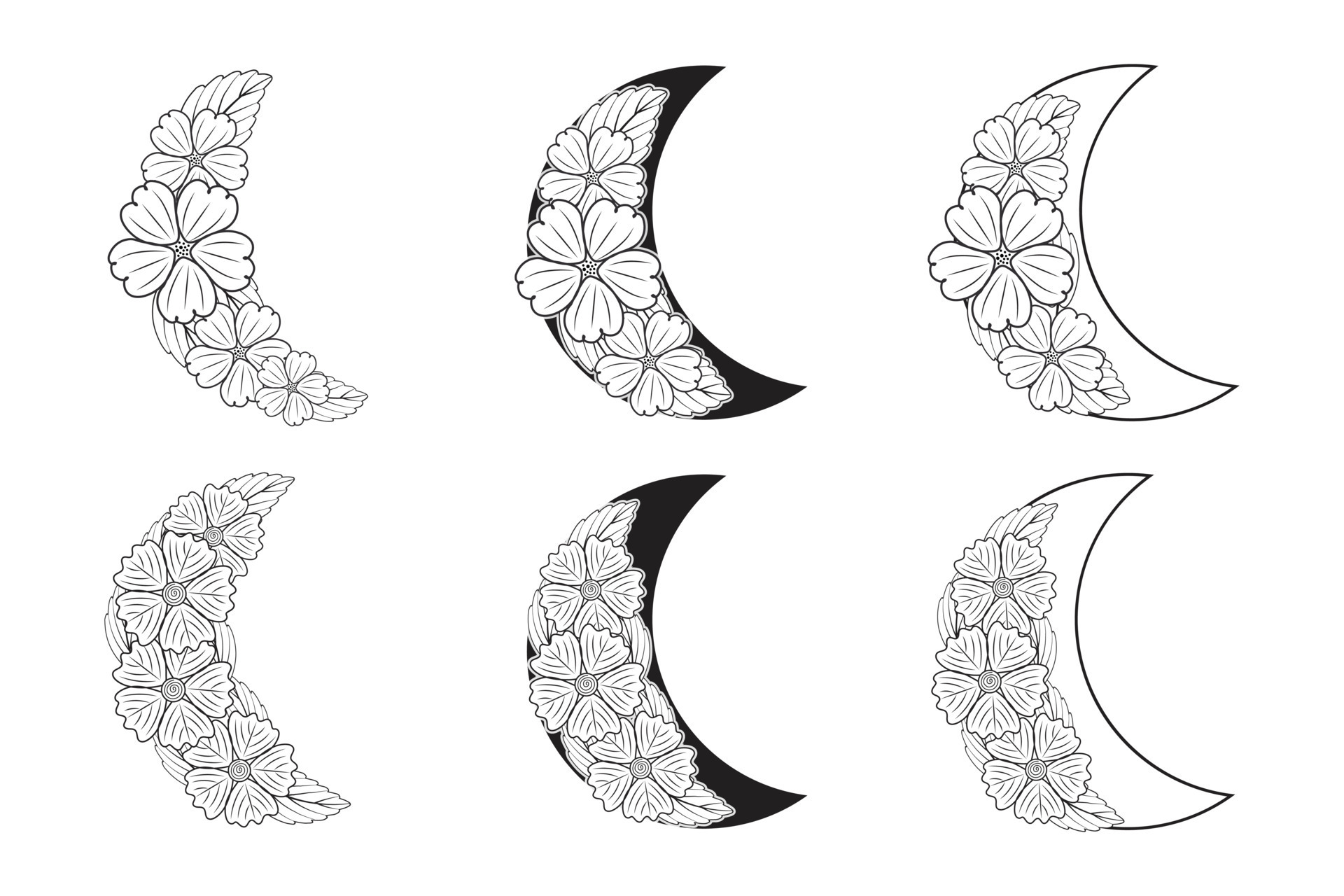 set of Hand drawn doodle Celestial Floral Moon, floral frame Crescent
