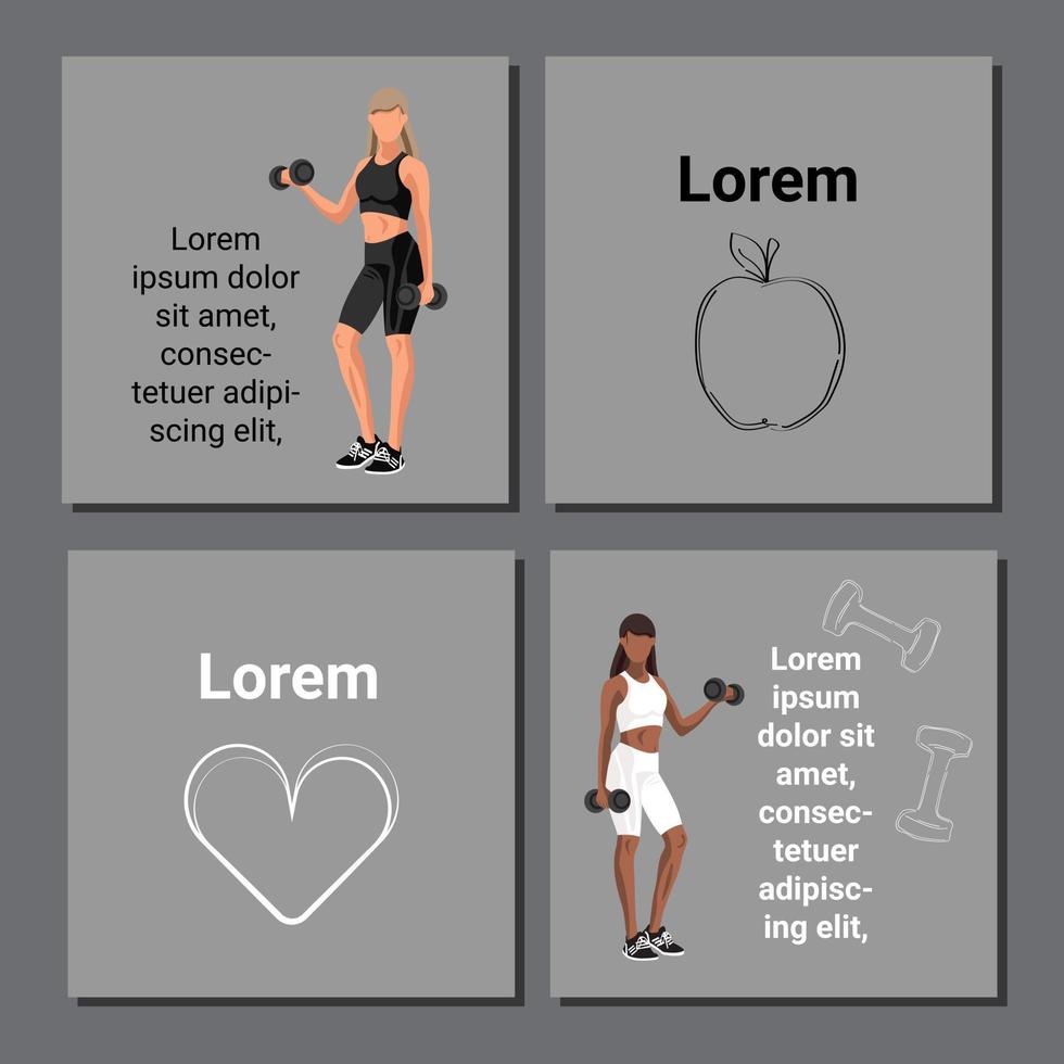 Set of fitness card poster with Caucasian and African American women in sportswear standing with dumbbells and heart, apple on gray background with copy space text. Vector illustration