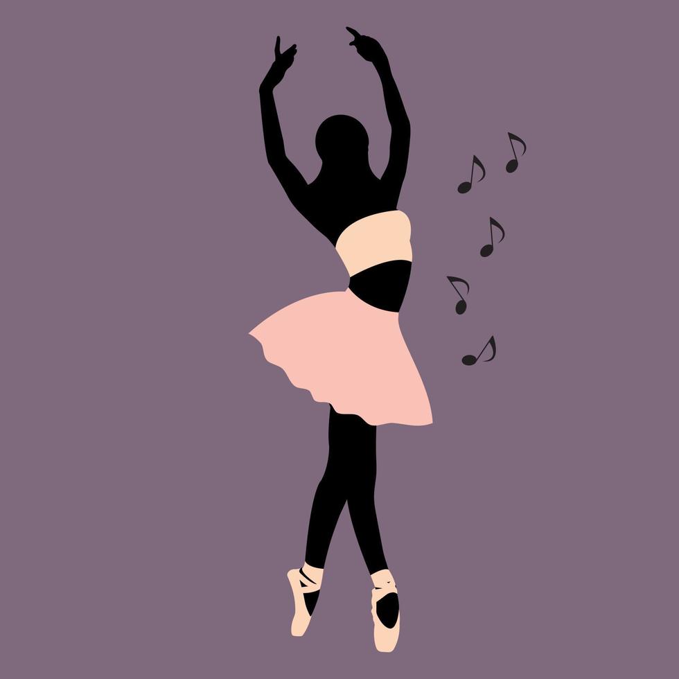 Vector illustration classical ballet. African faceless woman ballet dancer in pink tutu and pointe shoes dancing with musical notes on purple background in a flat style