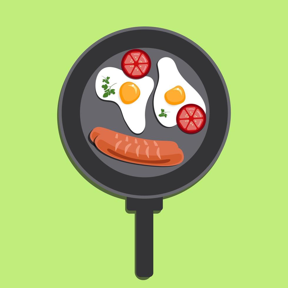 Fried eggs with tomato, and sausage on a cooking pan with a handle. Papercut farm products. Vector illustration