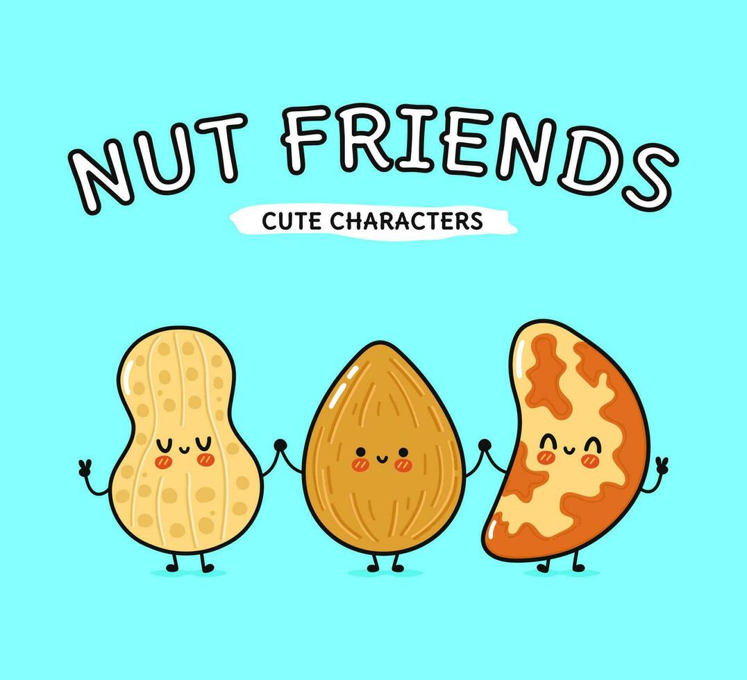 Cute, funny happy almonds, peanuts and Brazilian nut. Vector hand drawn cartoon kawaii characters, illustration icon. Funny happy cartoon almond, peanut and Brazilian nut mascot friends concept