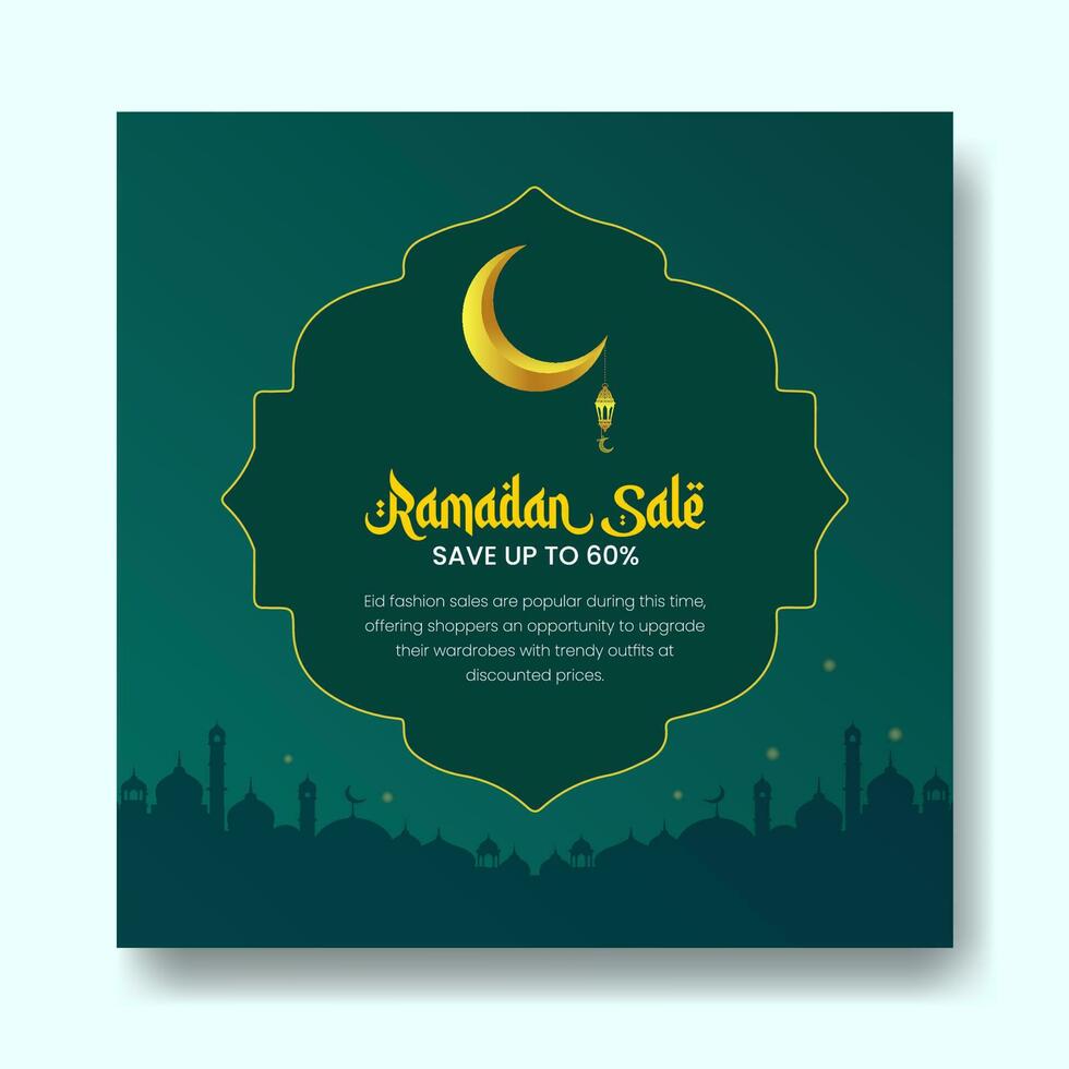 Eid fashion sale banner and social media post Template, Ramadan Kareem theme Sale square flyer and banner. Big sale bundle Eid ads post, Greeting card Islamic background design with Lantern, Half Moon vector