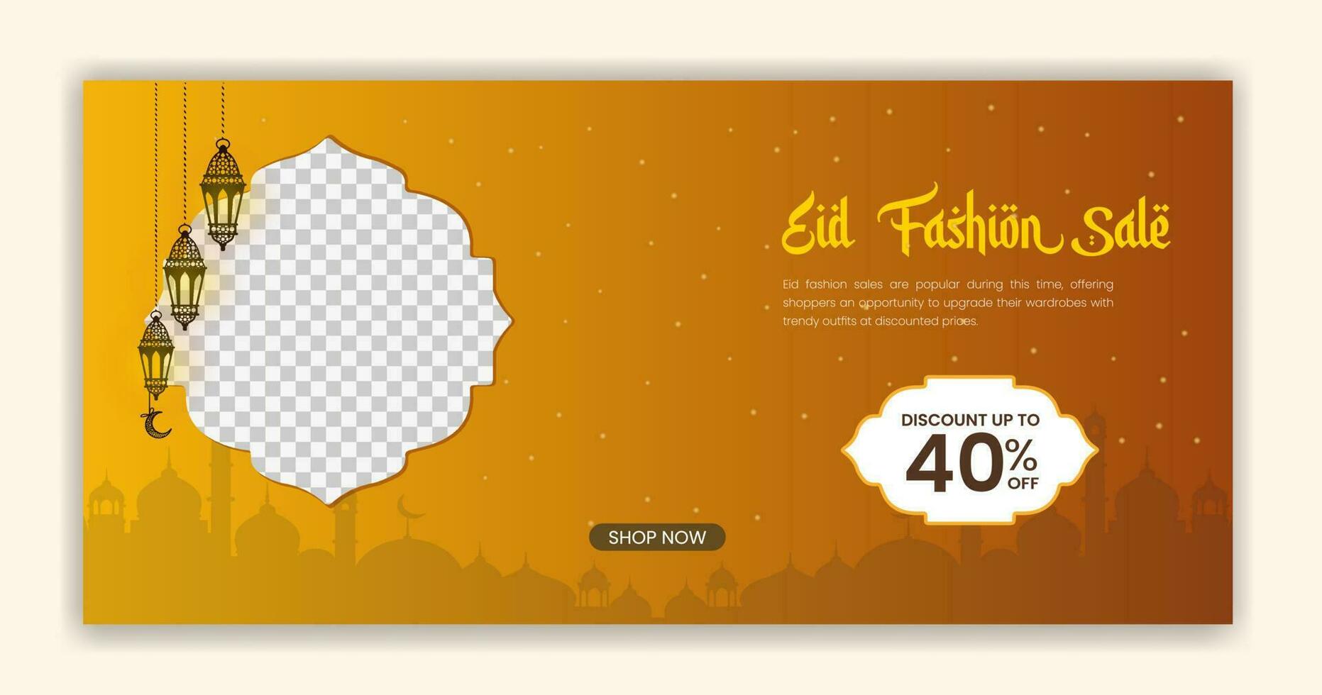 Eid fashion sale banner and social media post Template, Ramadan Kareem theme Sale square flyer and banner. Big sale bundle Eid ads post, Greeting card Islamic background design with Lantern, Half Moon vector