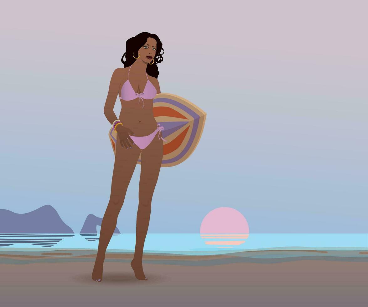 niña en el playa a puesta de sol. vector. vector