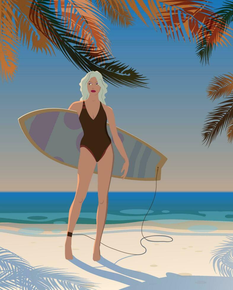 Girl on the ocean with a surfboard. Vector. vector