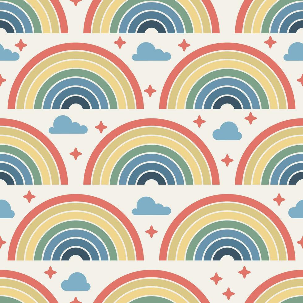 PrintVector seamless pattern with rainbows, clouds isolated on the light background. Travel concept. Peaceful, cute children background vector